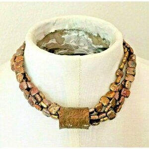 3 Strand Bronze Square Pearls Necklace Handmade Slide Bronze Clasp 17.5"